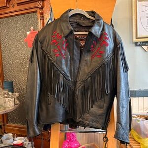 Embroidered Black Leather Jacket with Red Details